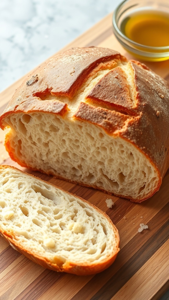 No-Yeast Sourdough Bread Recipe A golden-brown loaf of no-yeast sourdough bread sliced on a wooden board, with a bowl of olive oil in the background.